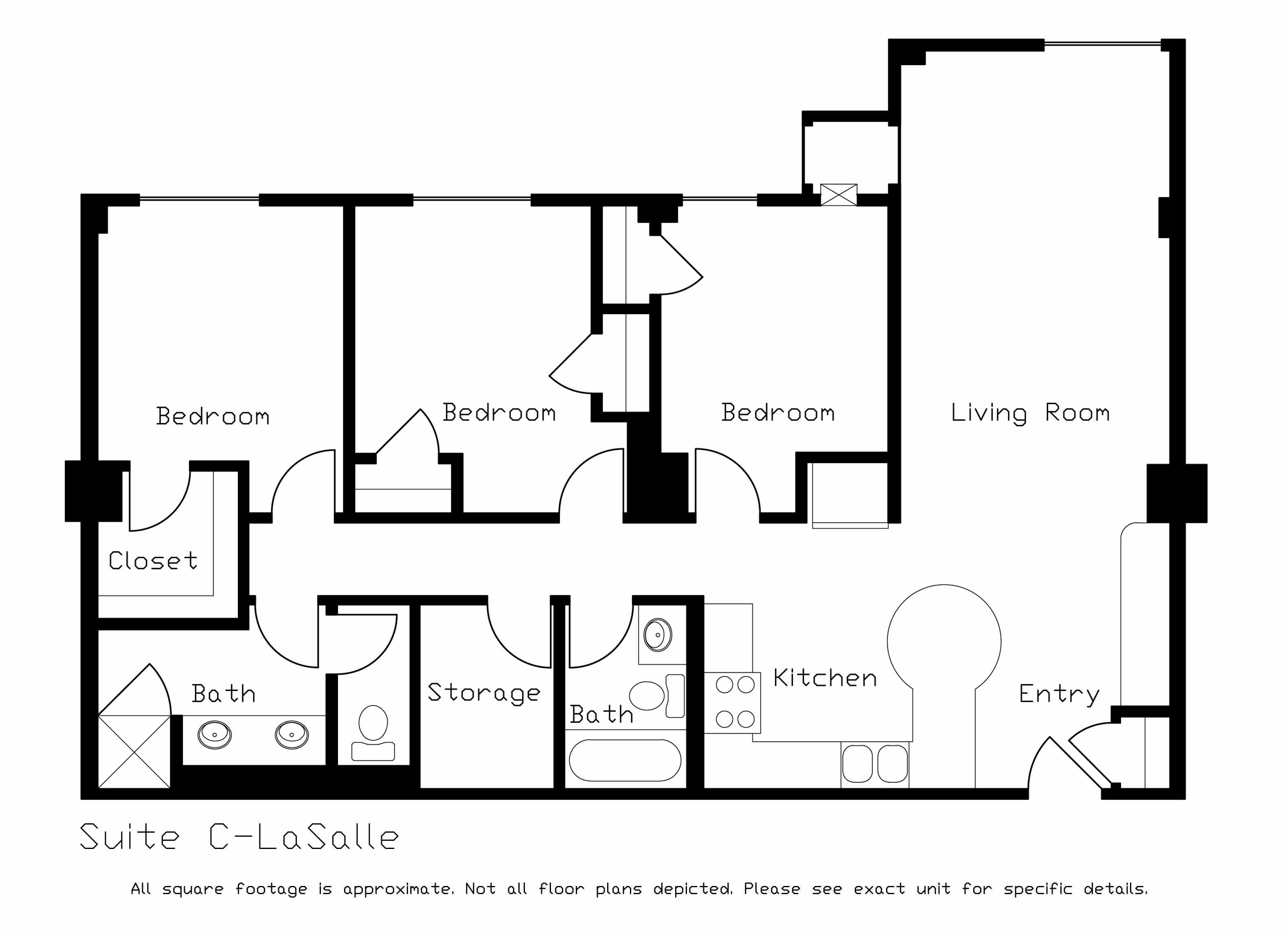 Floor plan for 3 beds, 2 baths, 1173 sqft